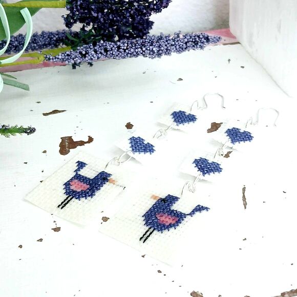 BOGO EARRINGS - Love Birds Cross Stitch Dangle Earrings 5" - Picture 5 of 5